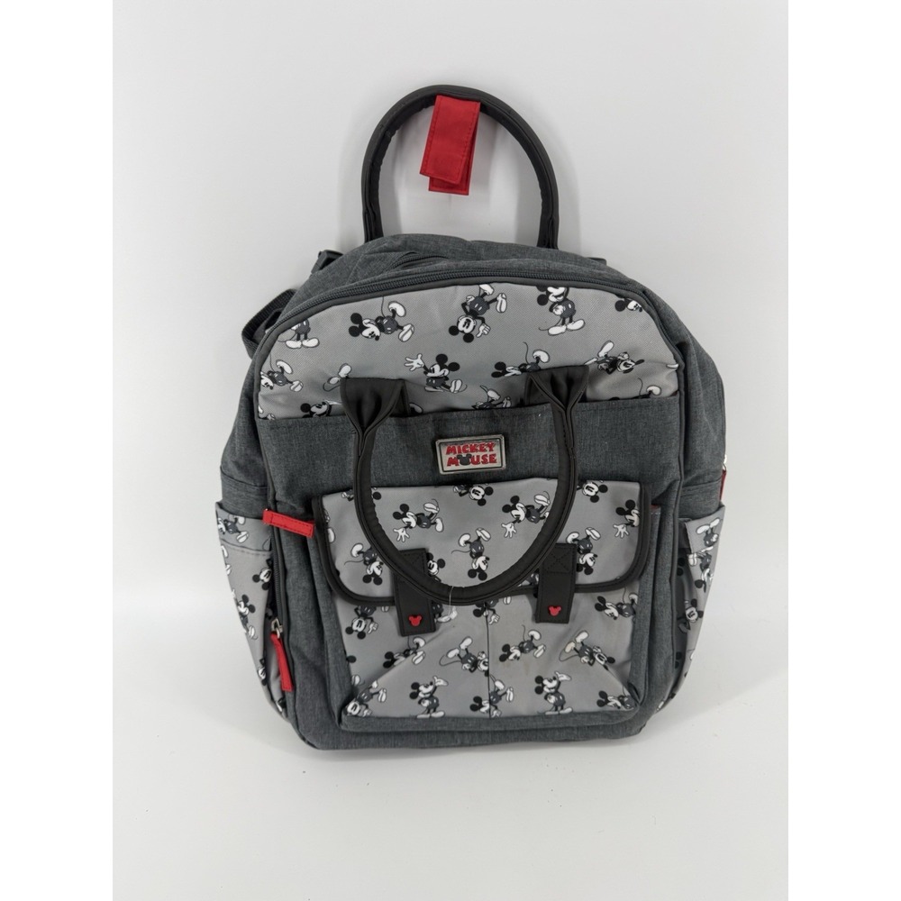 Disney Mickey Mouse Baby Diaper Bag Backpack Gray Black Red Multi Pocket